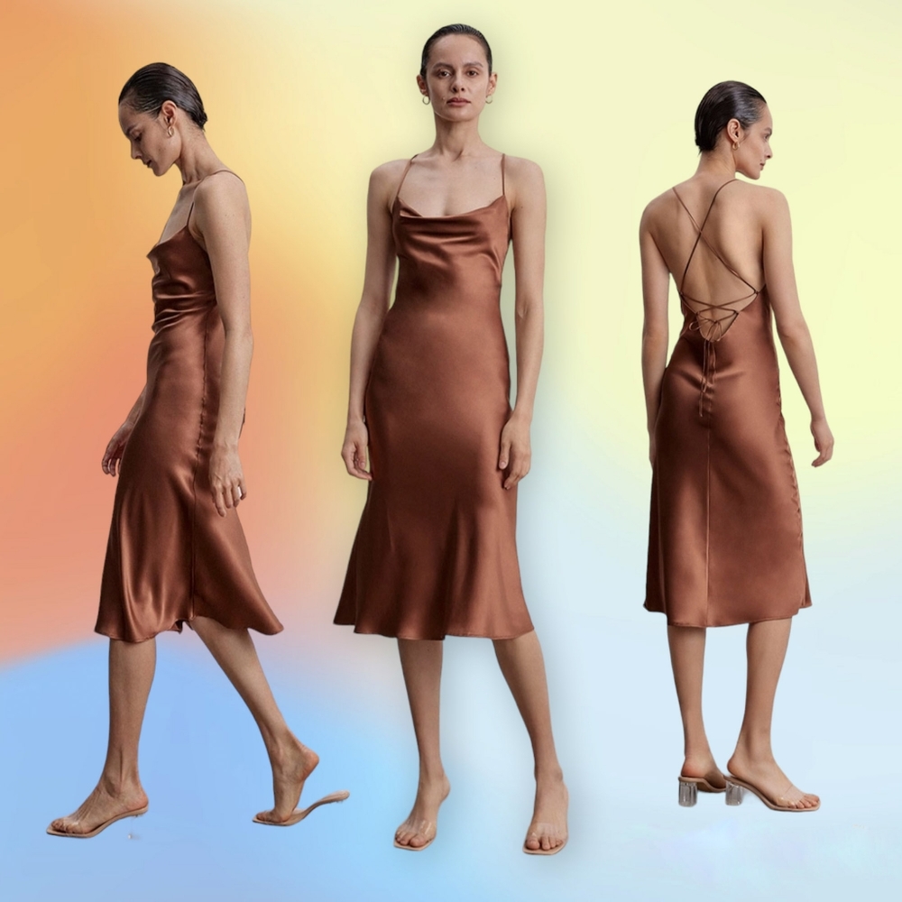 Silk Maison Lounge Cowl Neck Midi 100% Mulberry Silk Slip Dress XS Mocha Mousse - Picture 2 of 9